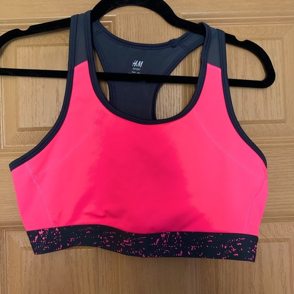 H&M Sport Neon Pink and Gray Sports Bra w/ Back Mesh Light/Medium Support Size L
